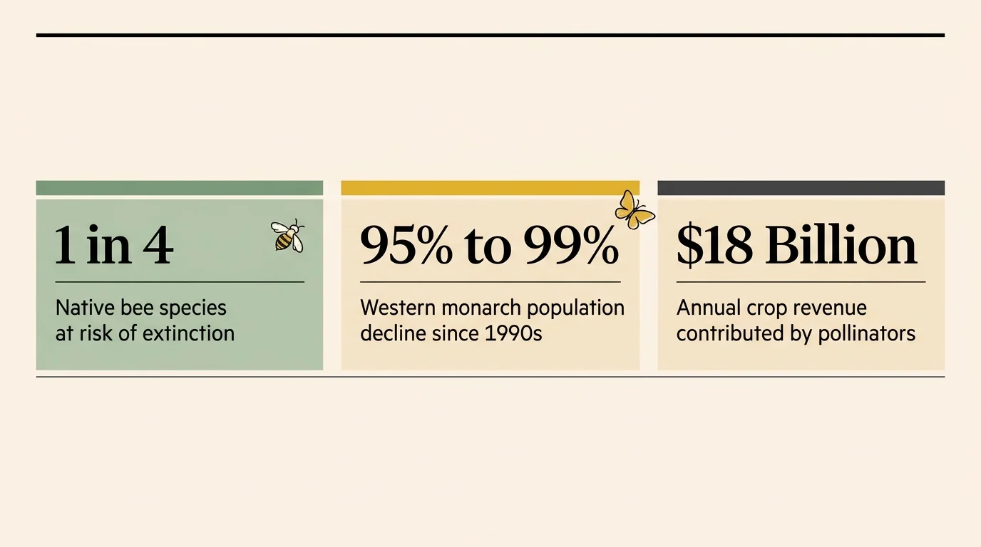 An infographic diagram showing pollinator statistics: 1 in 4 bees at risk, 95% to 99% monarch decline, and $18 Billion in crop value.