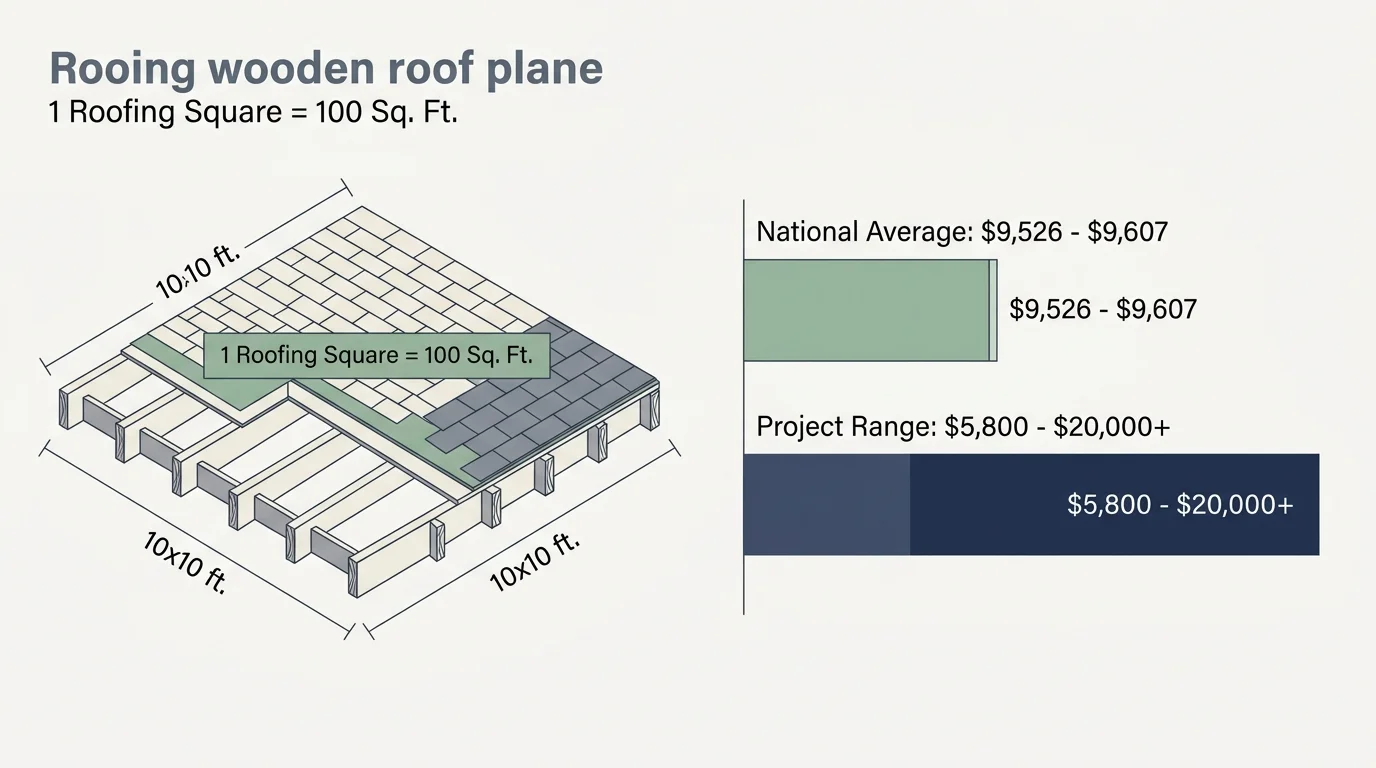 An infographic showing that 1 roofing square equals 100 square feet, alongside a bar chart comparing average roofing costs.