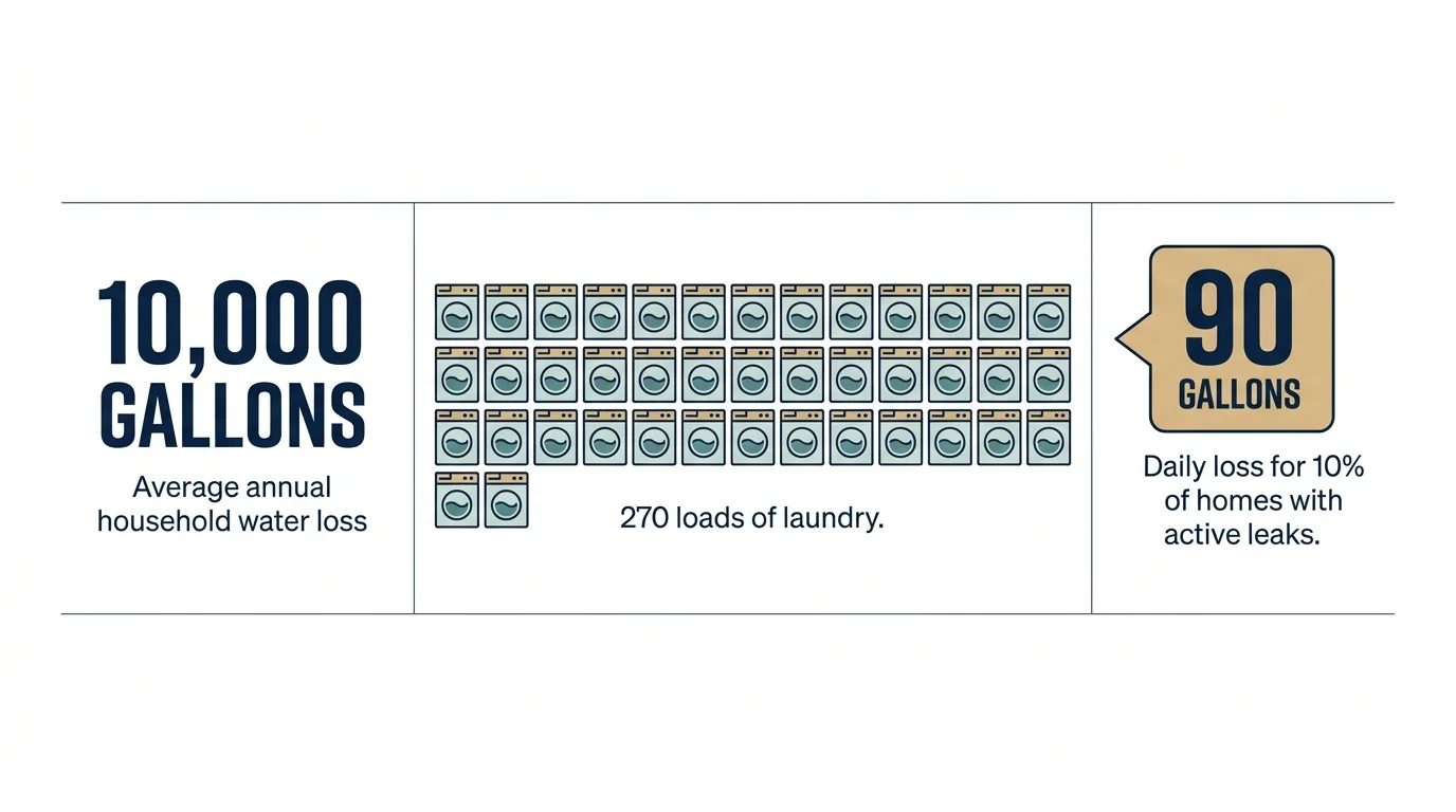 An infographic showing that the average household leaks 10,000 gallons of water annually, equivalent to 270 loads of laundry.