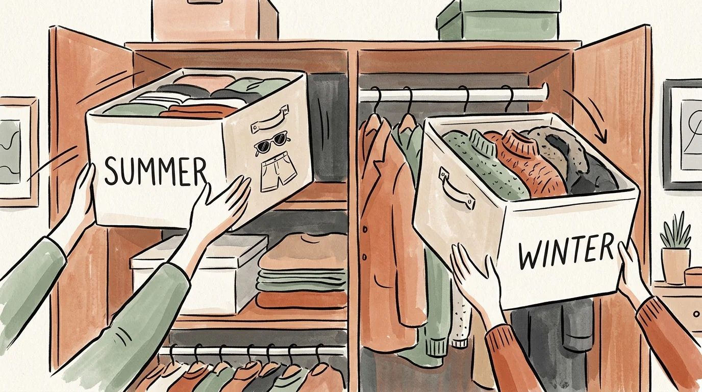 An ink and gouache illustration of hands rotating seasonal clothing boxes labeled Summer and Winter on high closet shelves.