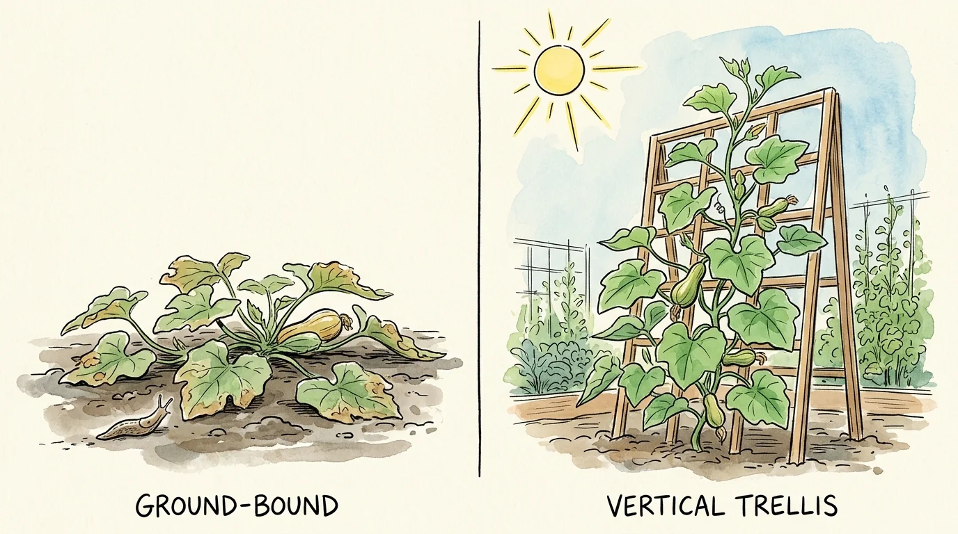 An ink and watercolor comparison of a struggling ground-bound plant versus a thriving vertical climbing plant.