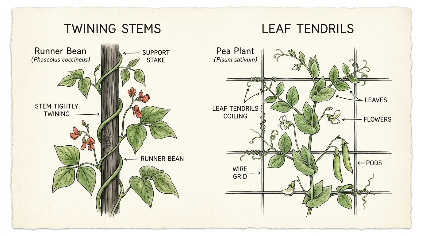 An ink and watercolor diagram illustrating how twining stems and leaf tendrils wrap around garden supports.