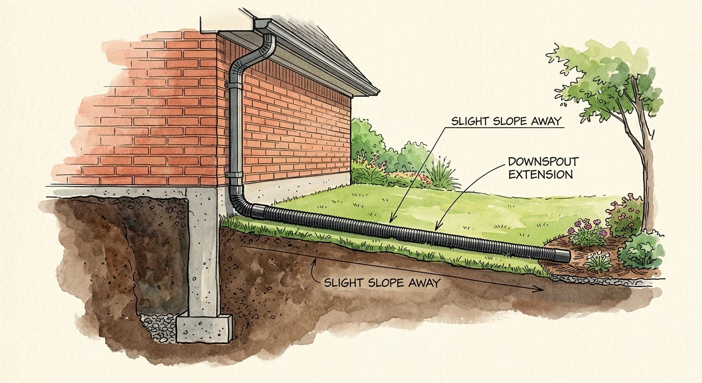 An ink and watercolor diagram showing proper ground sloping away from a home's foundation and a downspout extension directing water away.