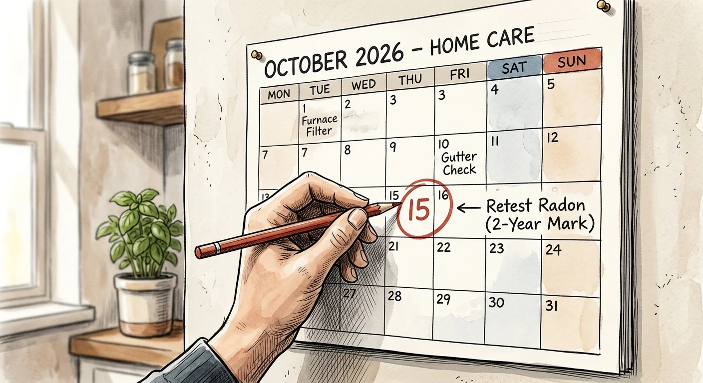 An ink and watercolor drawing of a hand circling a date on a wall calendar with a note to retest for radon in two years.