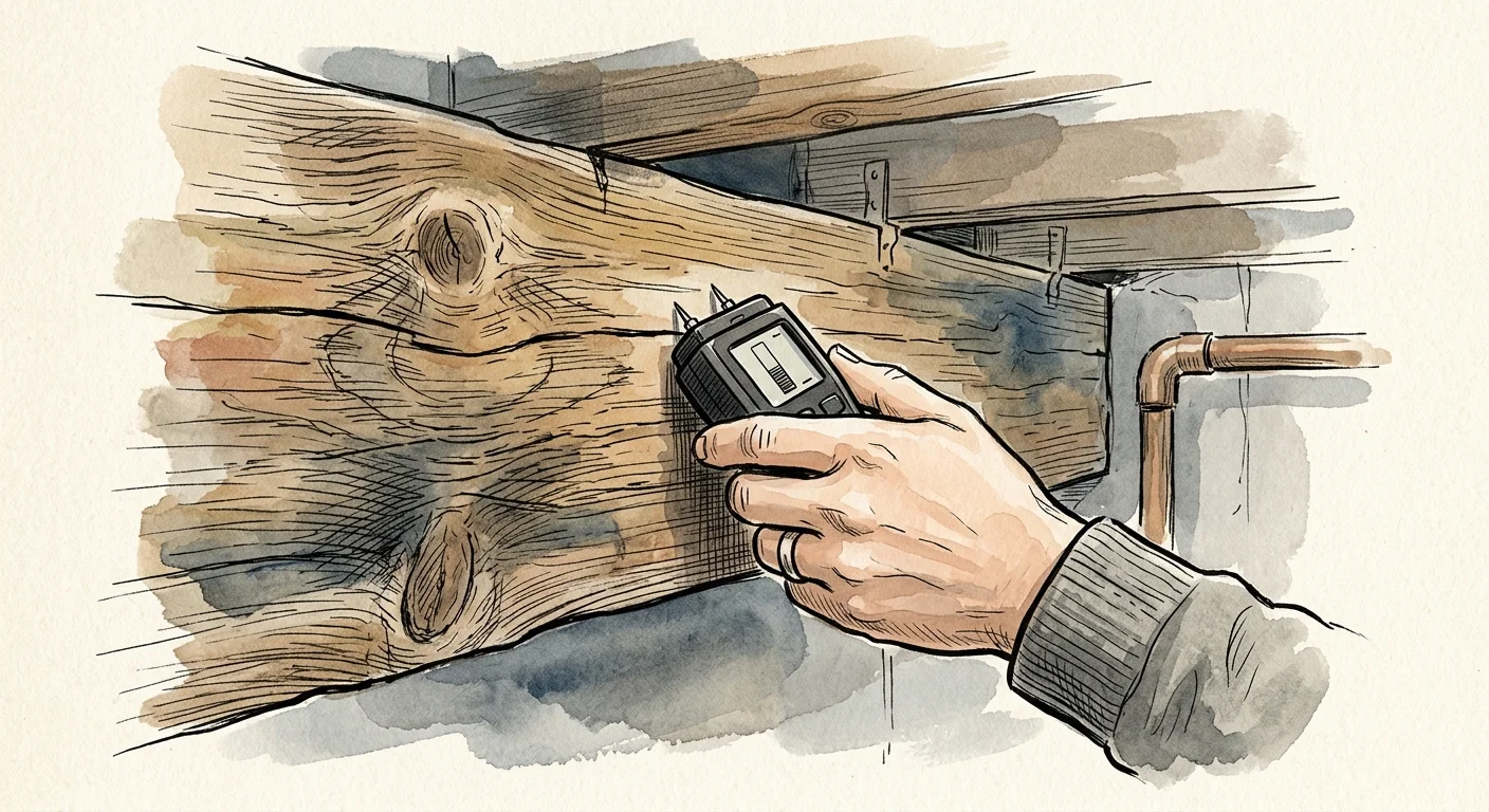 An ink and watercolor drawing of a hand holding a moisture meter against a wooden basement beam to check for dampness.