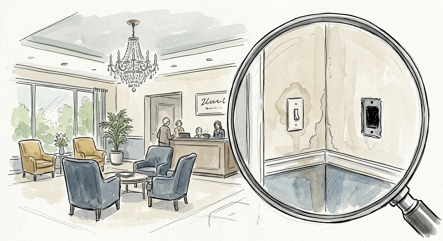 An ink and watercolor illustration comparing a fancy lobby to hidden wall damage revealed under a magnifying glass.