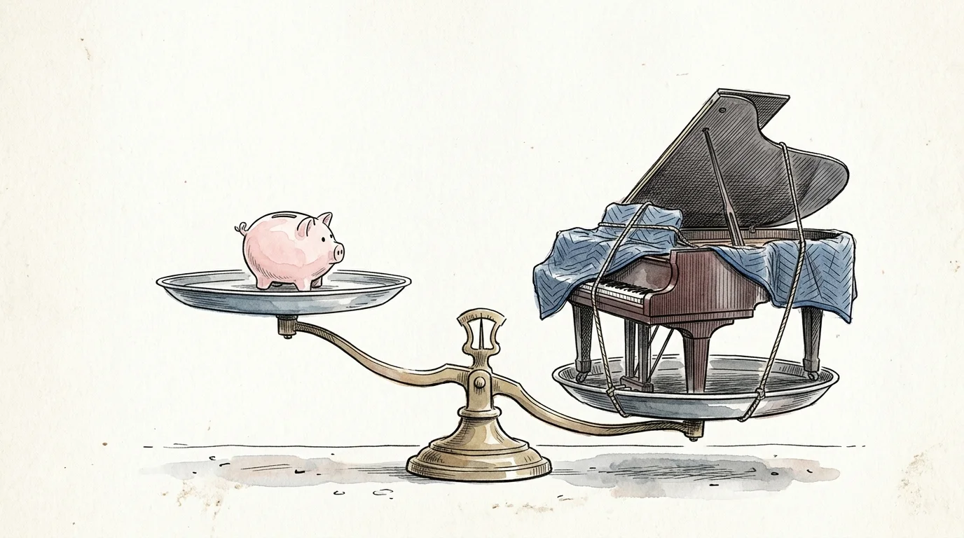 An ink and watercolor illustration of a balance scale showing a small piggy bank outweighed by a heavy, blanket-wrapped grand piano.