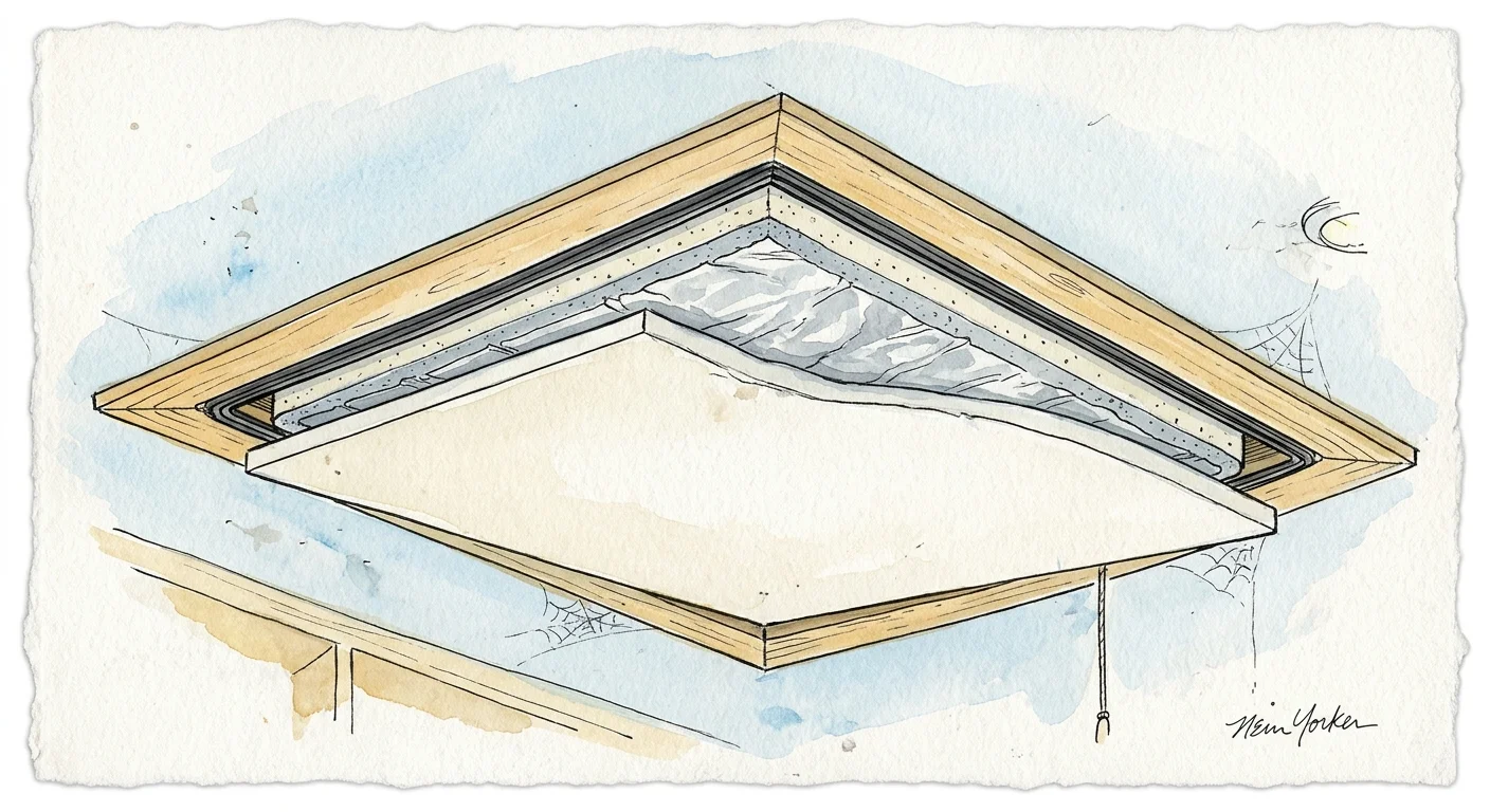 An ink and watercolor illustration of a ceiling attic hatch sealed with foam insulation and rubber weatherstripping.