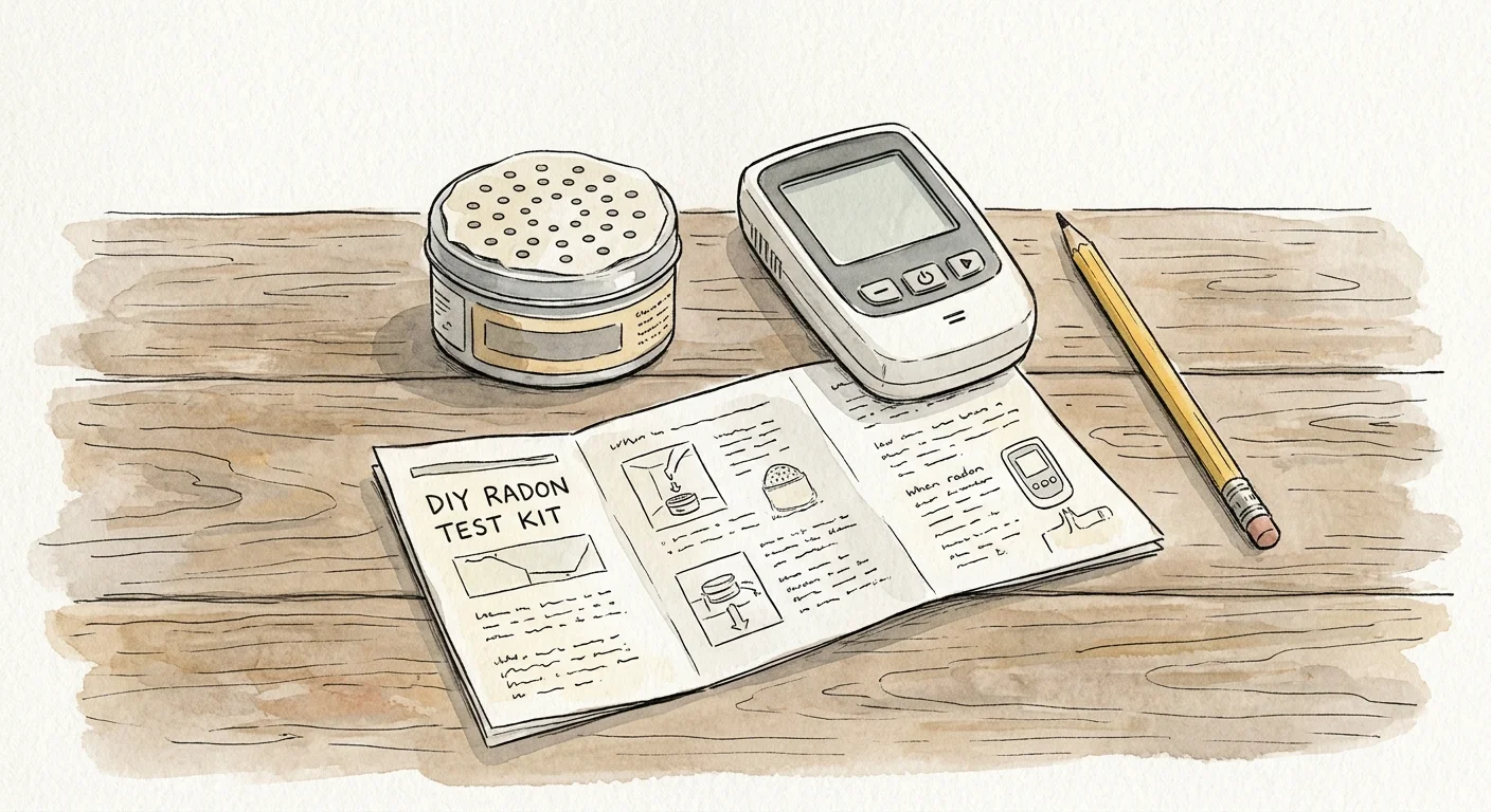 An ink and watercolor illustration of a charcoal canister radon test kit, digital monitor, and instruction booklet on a table.