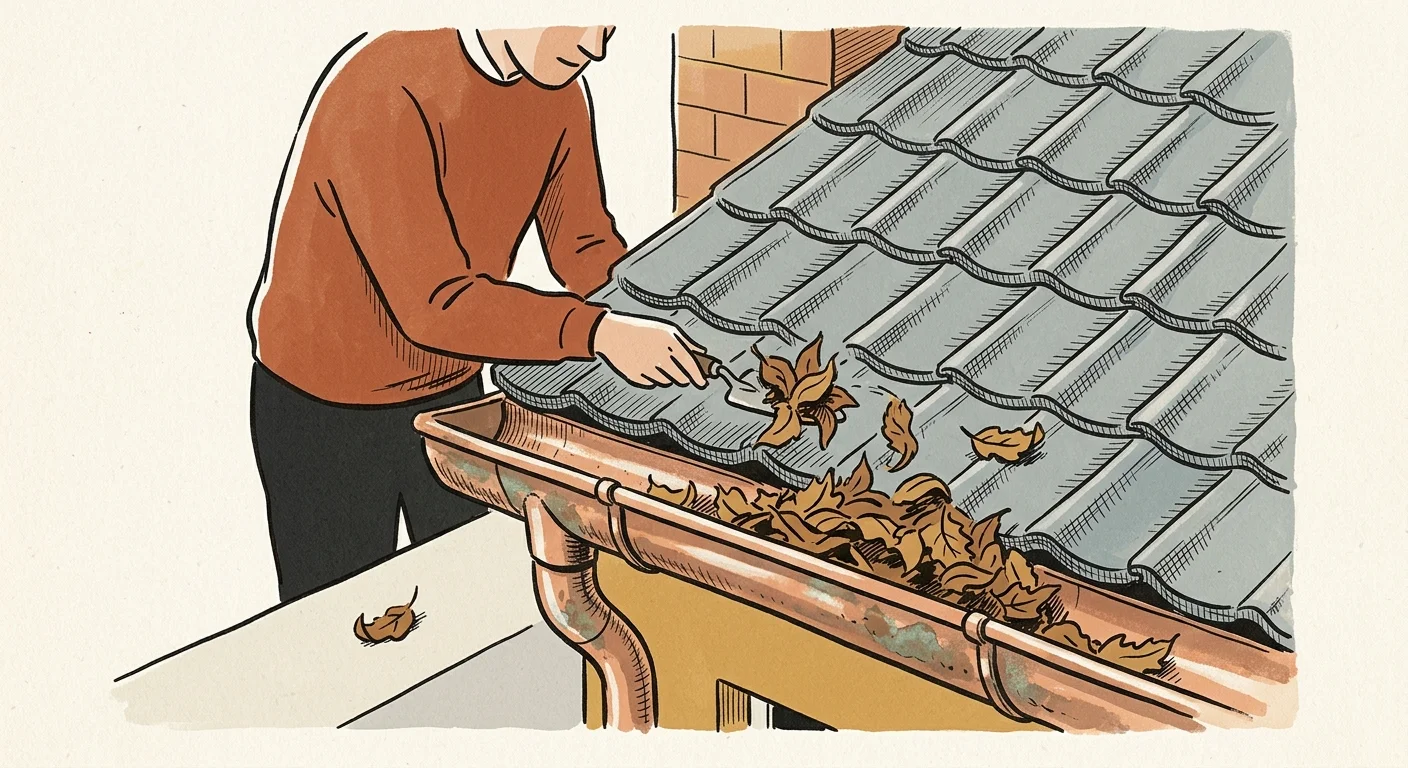An ink and watercolor illustration of a homeowner cleaning autumn leaves from a copper gutter.