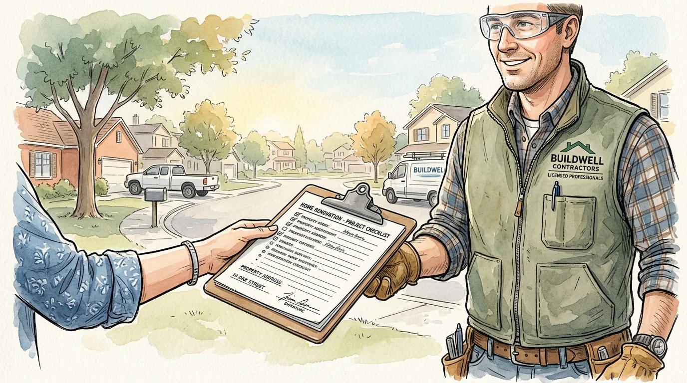 An ink and watercolor illustration of a homeowner handing a maintenance checklist clipboard to a contractor.
