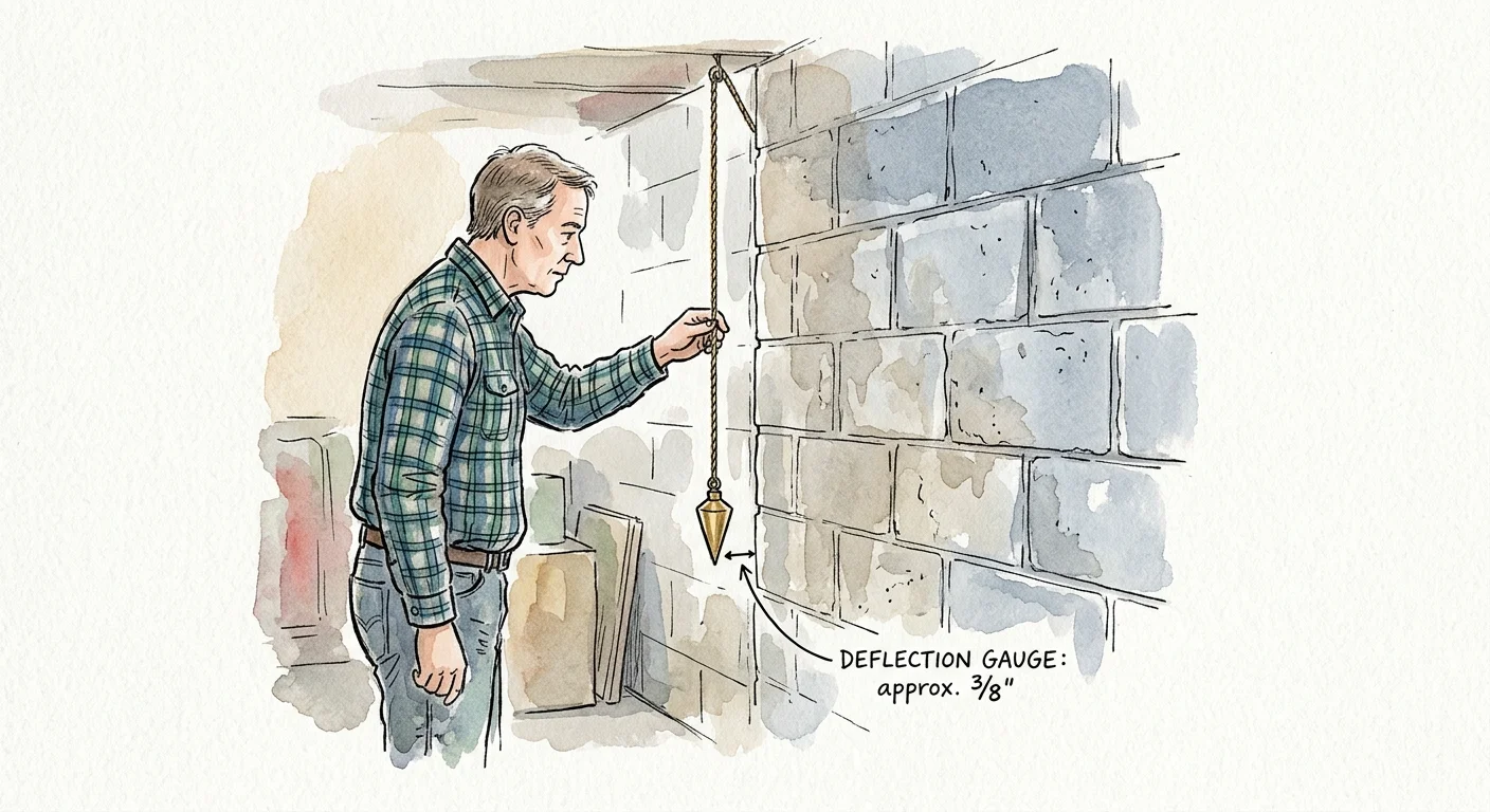 An ink and watercolor illustration of a homeowner using a brass plumb bob to check the alignment of a basement concrete wall.