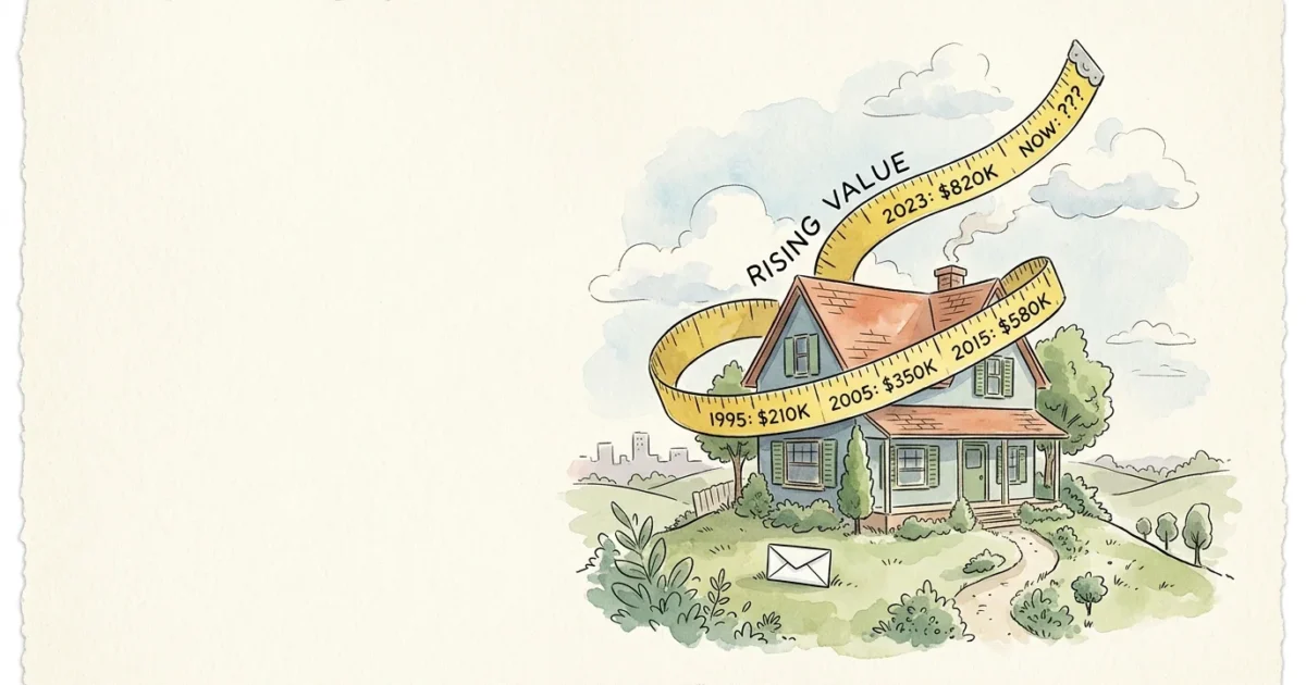 An ink and watercolor illustration of a stylized house wrapped in a giant measuring tape, symbolizing rising replacement cost value.