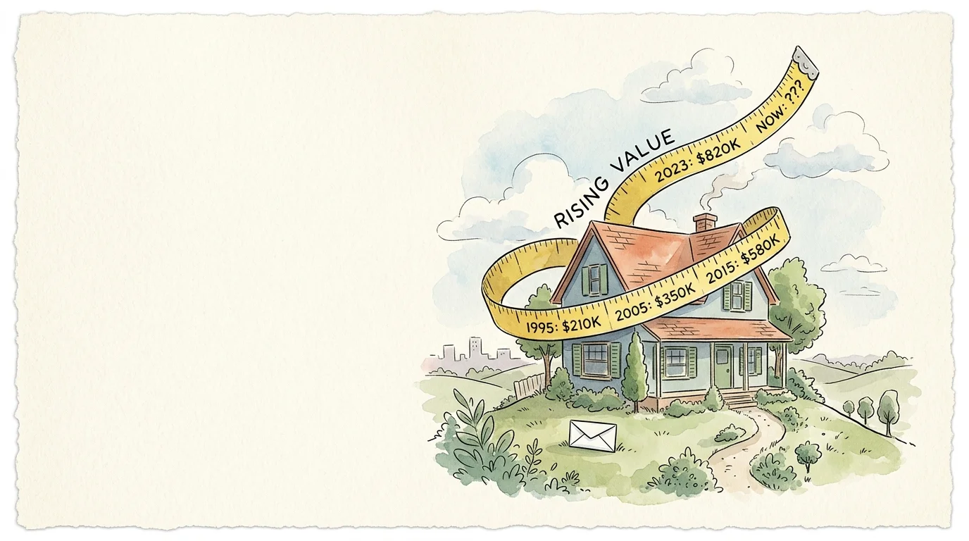 An ink and watercolor illustration of a stylized house wrapped in a giant measuring tape, symbolizing rising replacement cost value.
