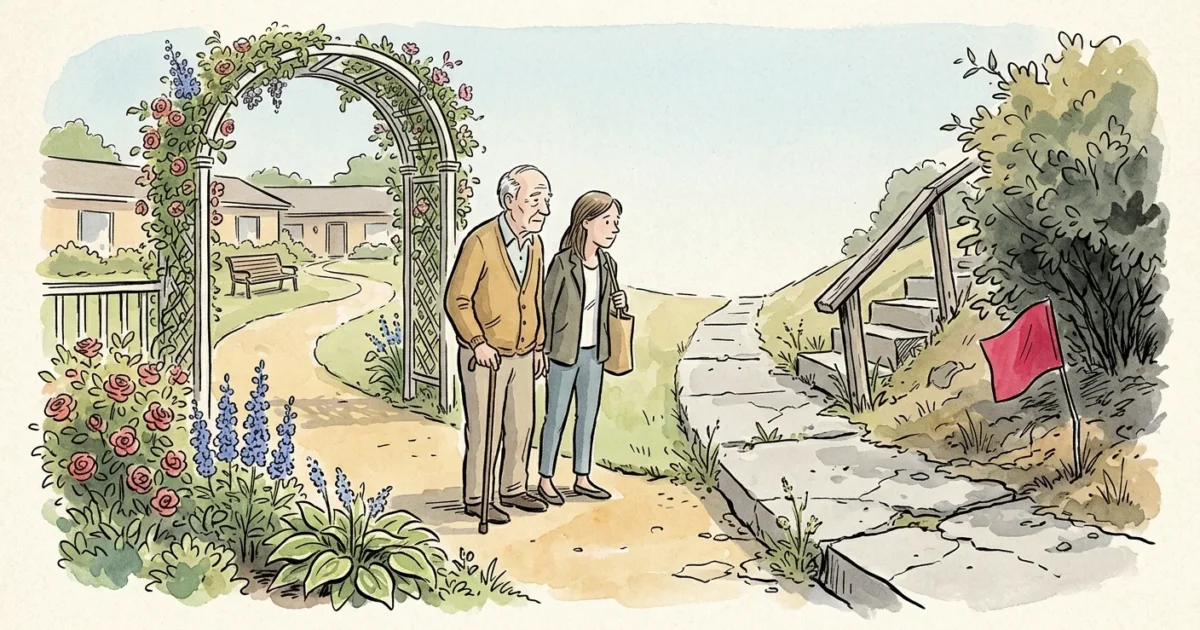 An ink and watercolor illustration of an elderly father and daughter looking at a pathway that transitions from beautiful to cracked.