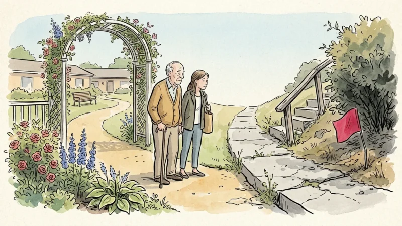 An ink and watercolor illustration of an elderly father and daughter looking at a pathway that transitions from beautiful to cracked.