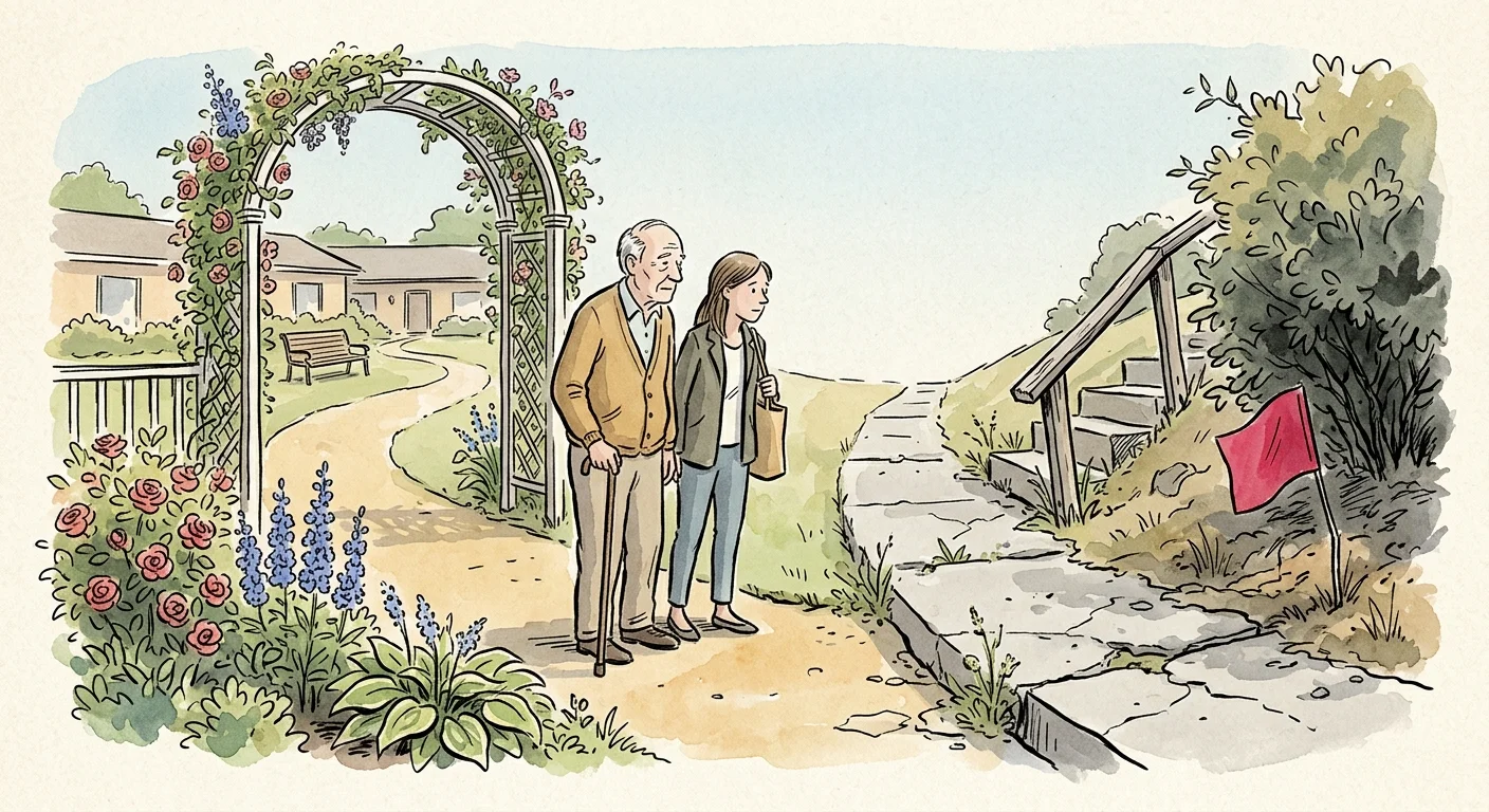 An ink and watercolor illustration of an elderly father and daughter looking at a pathway that transitions from beautiful to cracked.