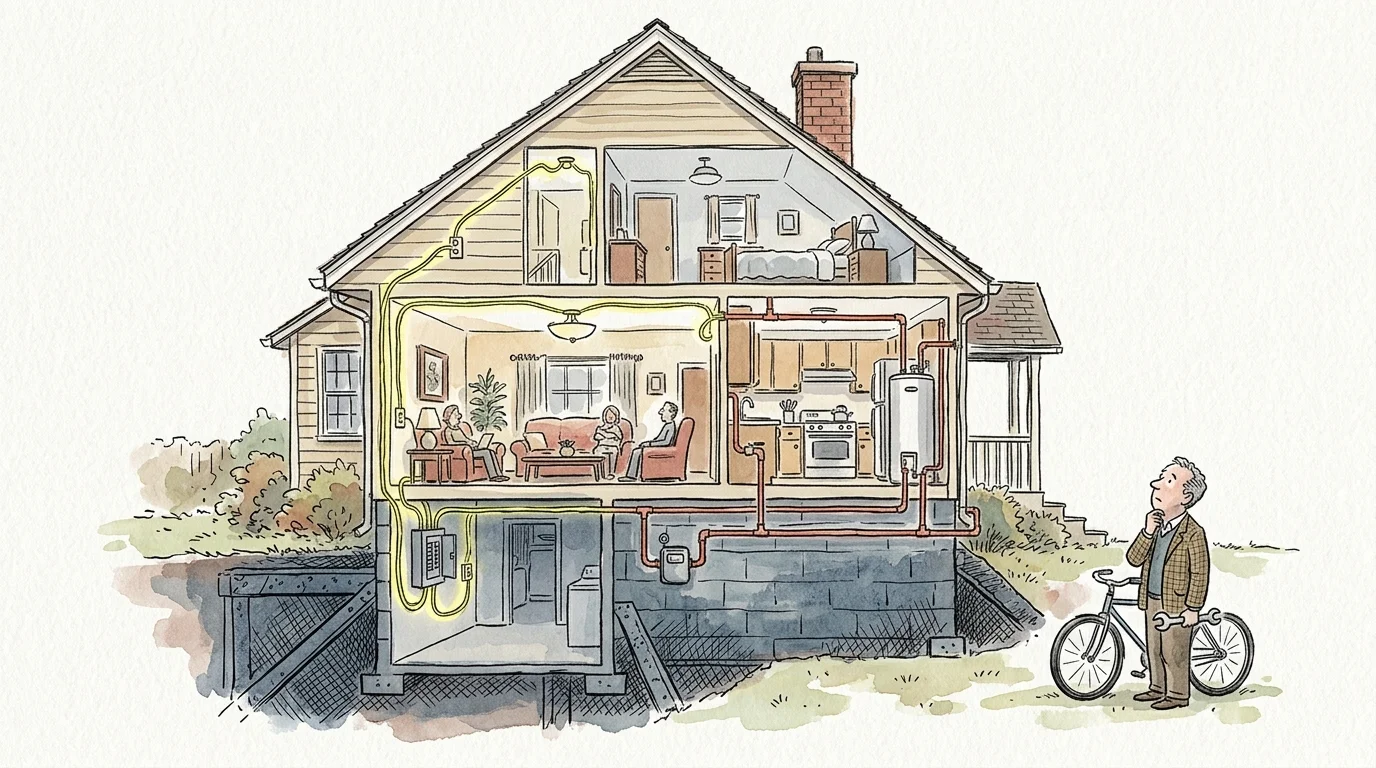 An ink and watercolor illustration showing a cross-section of a house with complex, glowing utility systems inside the walls.