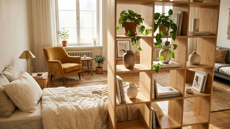 An open-backed oak bookshelf used as a stylish room divider in a sunlit studio apartment, separating the bed from the living area.