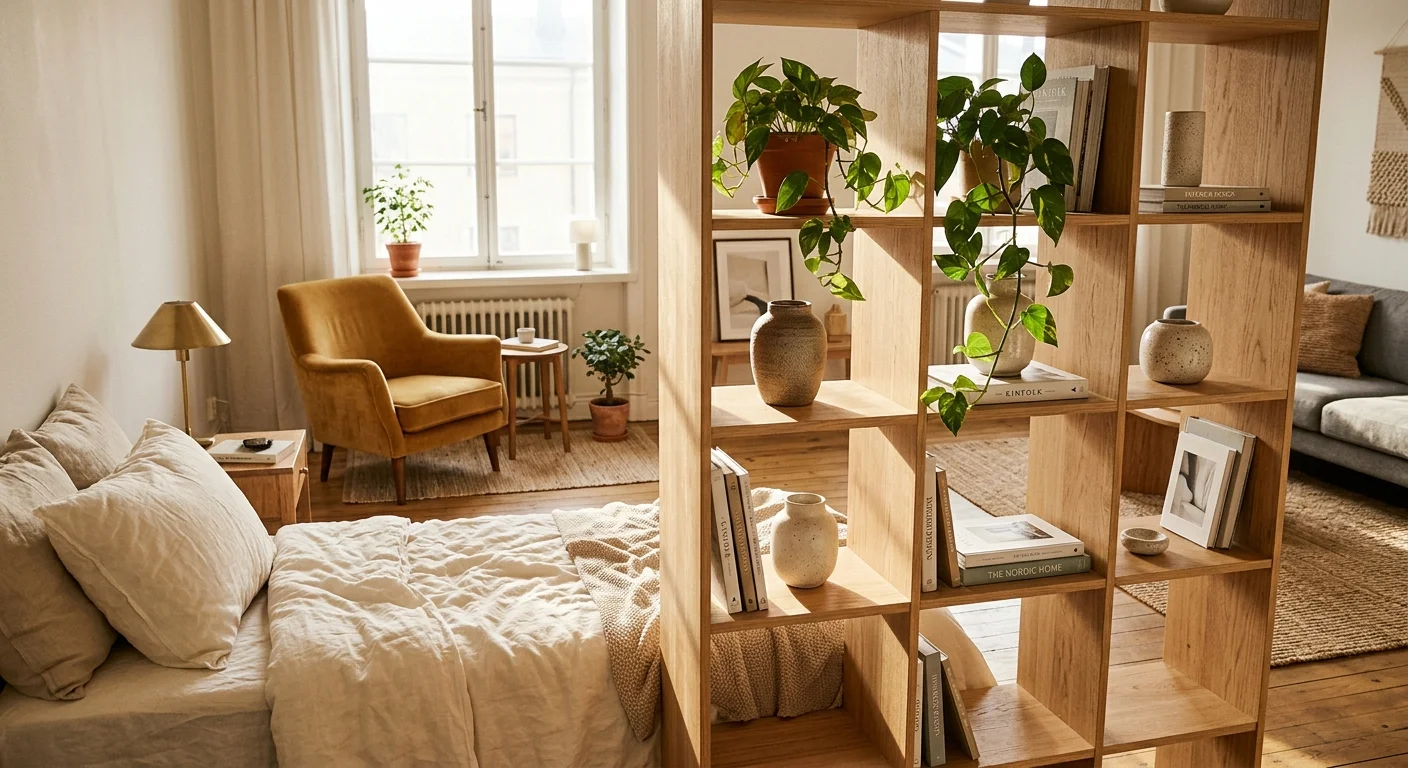 An open-backed oak bookshelf used as a stylish room divider in a sunlit studio apartment, separating the bed from the living area.
