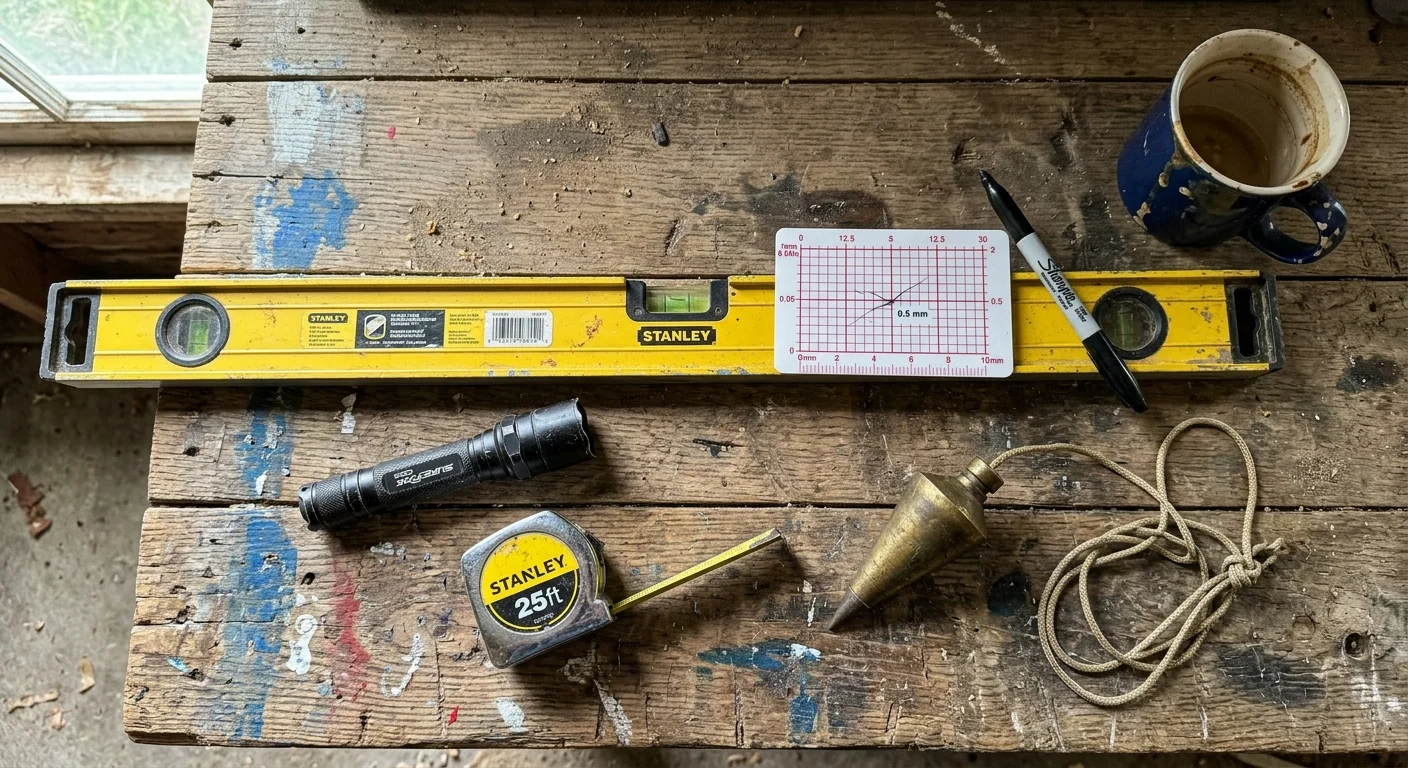 An overhead flat-lay photo of a yellow spirit level, a crack monitor card, an LED flashlight, a tape measure, and a brass plumb bob on a woo