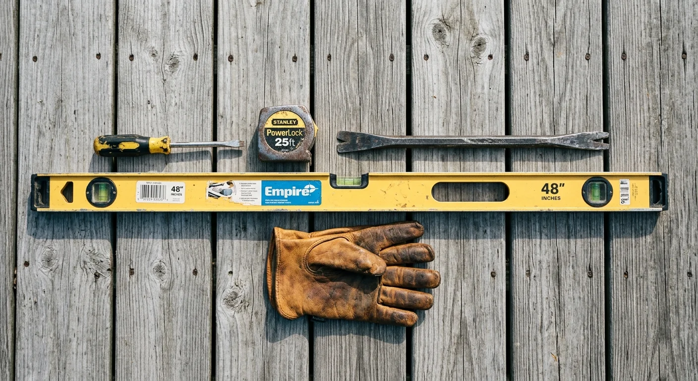 An overhead flat-lay photo of deck inspection tools including a screwdriver, level, tape measure, and work gloves on weathered wood.