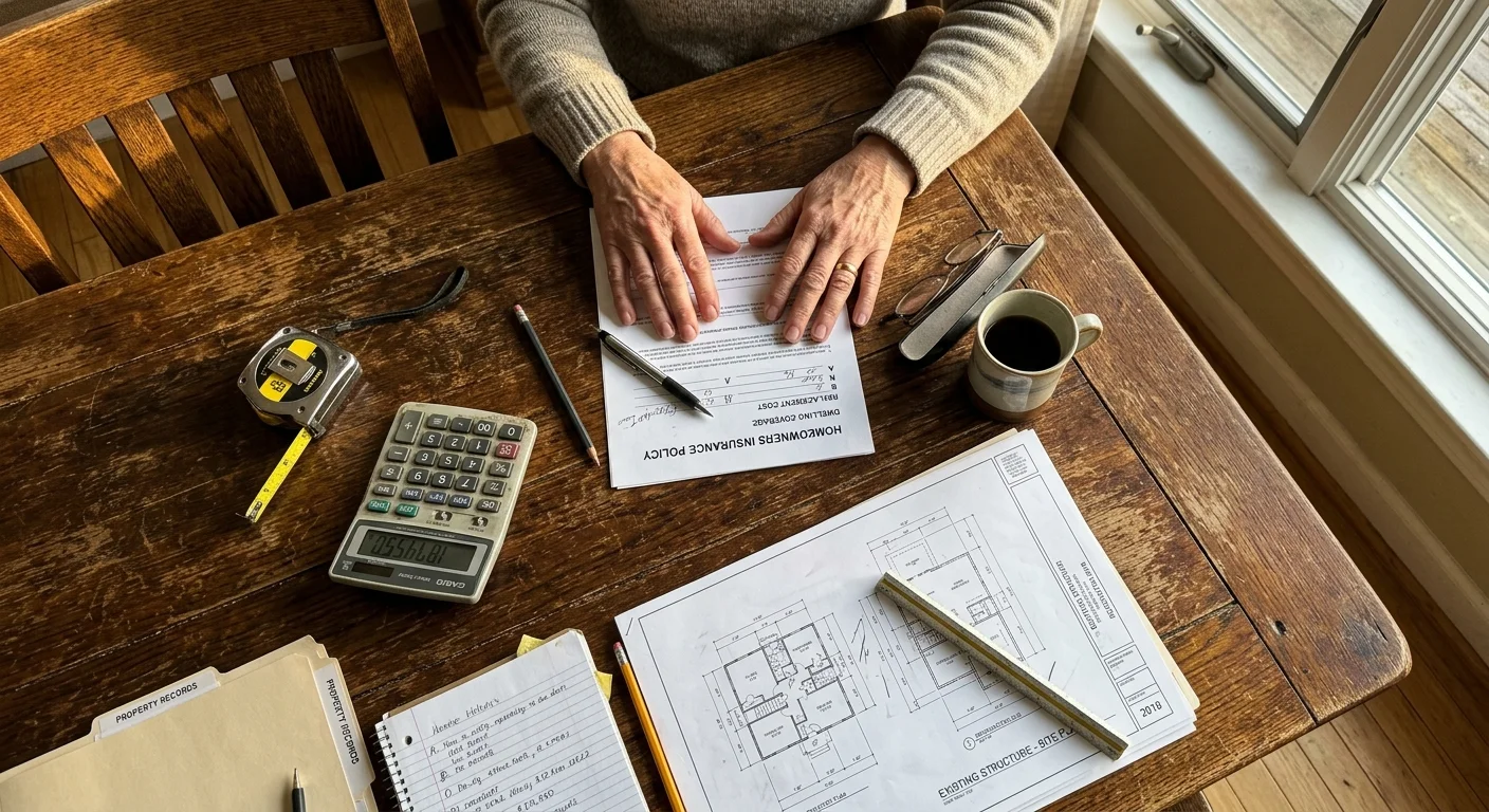 An overhead snapshot of a wooden table with home blueprints, an insurance policy document, a calculator, and a measuring tape.