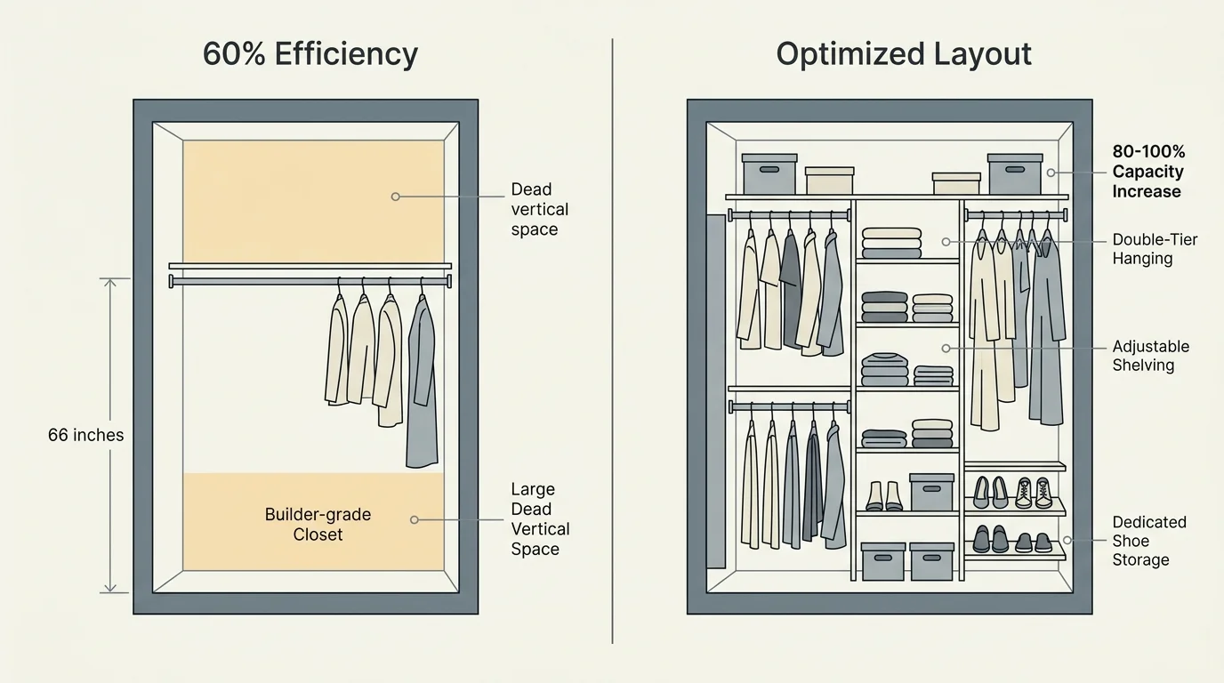 Architectural diagram comparing a standard 66-inch single rod closet layout with an optimized, highly efficient dual-tier layout.
