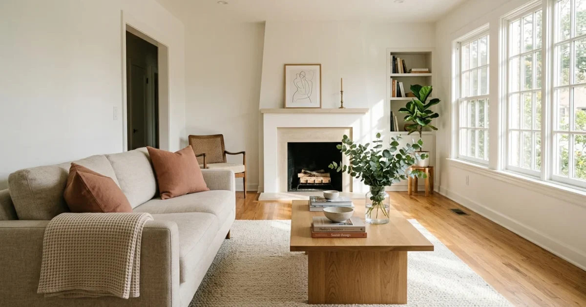 Bright living room featuring a beige sofa, wooden coffee table with eucalyptus, fireplace, and hardwood floors.