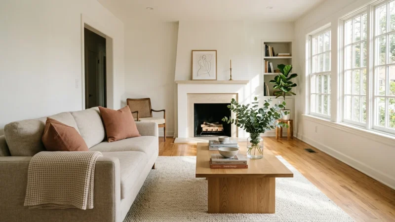 Bright living room featuring a beige sofa, wooden coffee table with eucalyptus, fireplace, and hardwood floors.