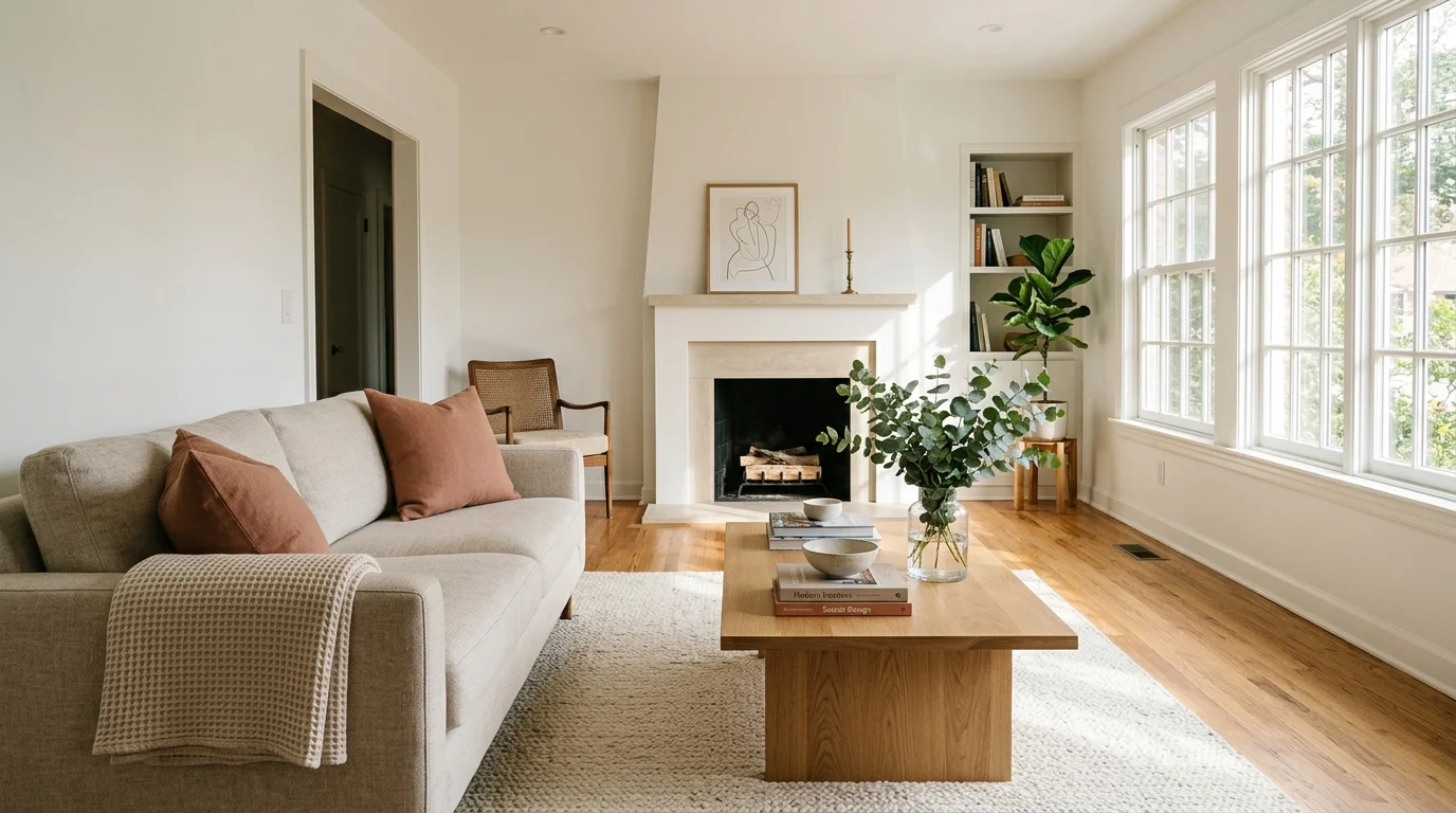 Bright living room featuring a beige sofa, wooden coffee table with eucalyptus, fireplace, and hardwood floors.
