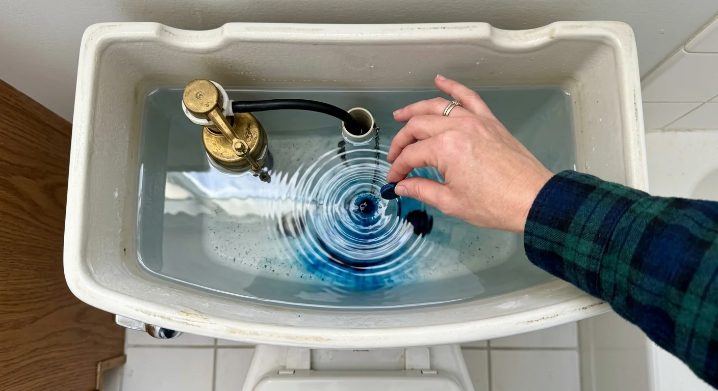 Close-up of a hand dropping a blue dye tablet into an open toilet water tank to test for a silent flapper leak.