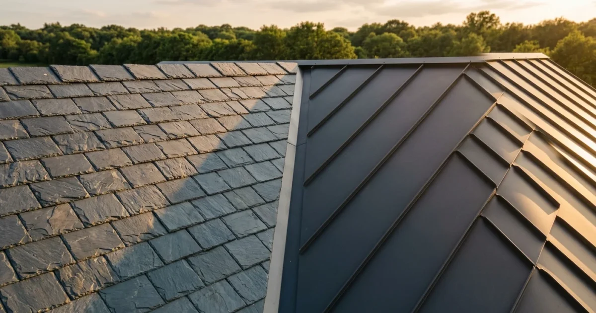 Close-up of a modern roof split between textured dark slate tiles and sleek charcoal standing-seam metal during golden hour.