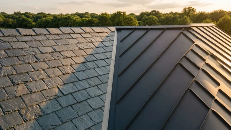 Close-up of a modern roof split between textured dark slate tiles and sleek charcoal standing-seam metal during golden hour.