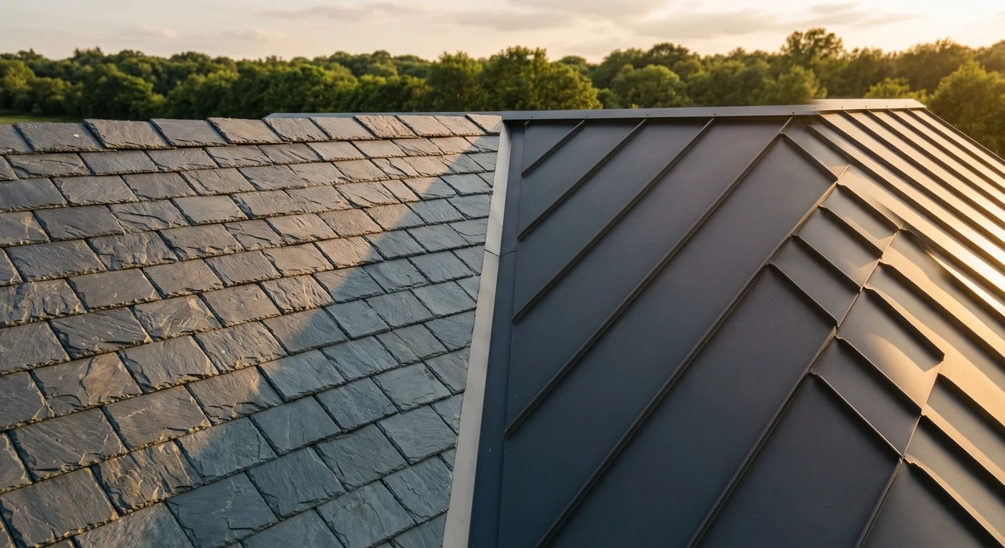 Close-up of a modern roof split between textured dark slate tiles and sleek charcoal standing-seam metal during golden hour.