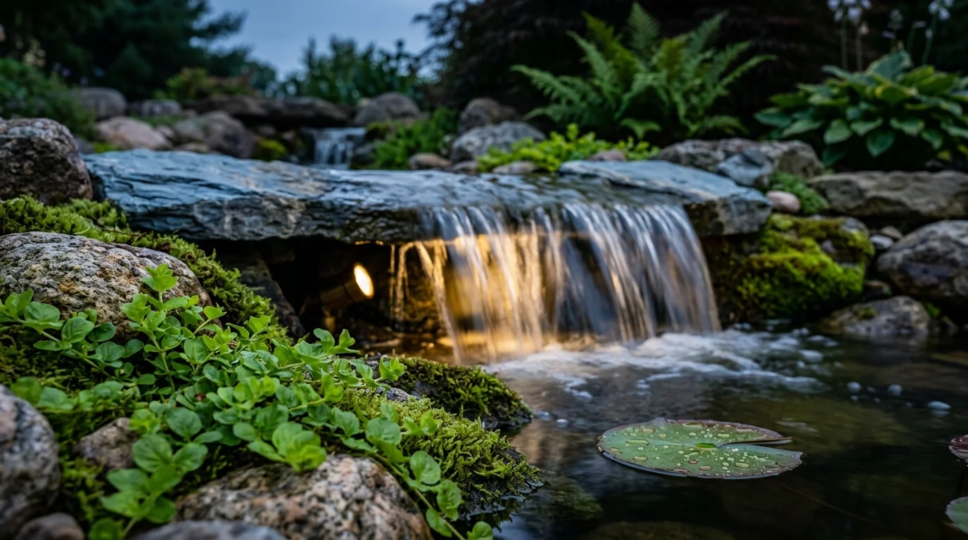 Small backyard waterfall spilling over a flat stone ledge, illuminated by an underwater light among mossy rocks.