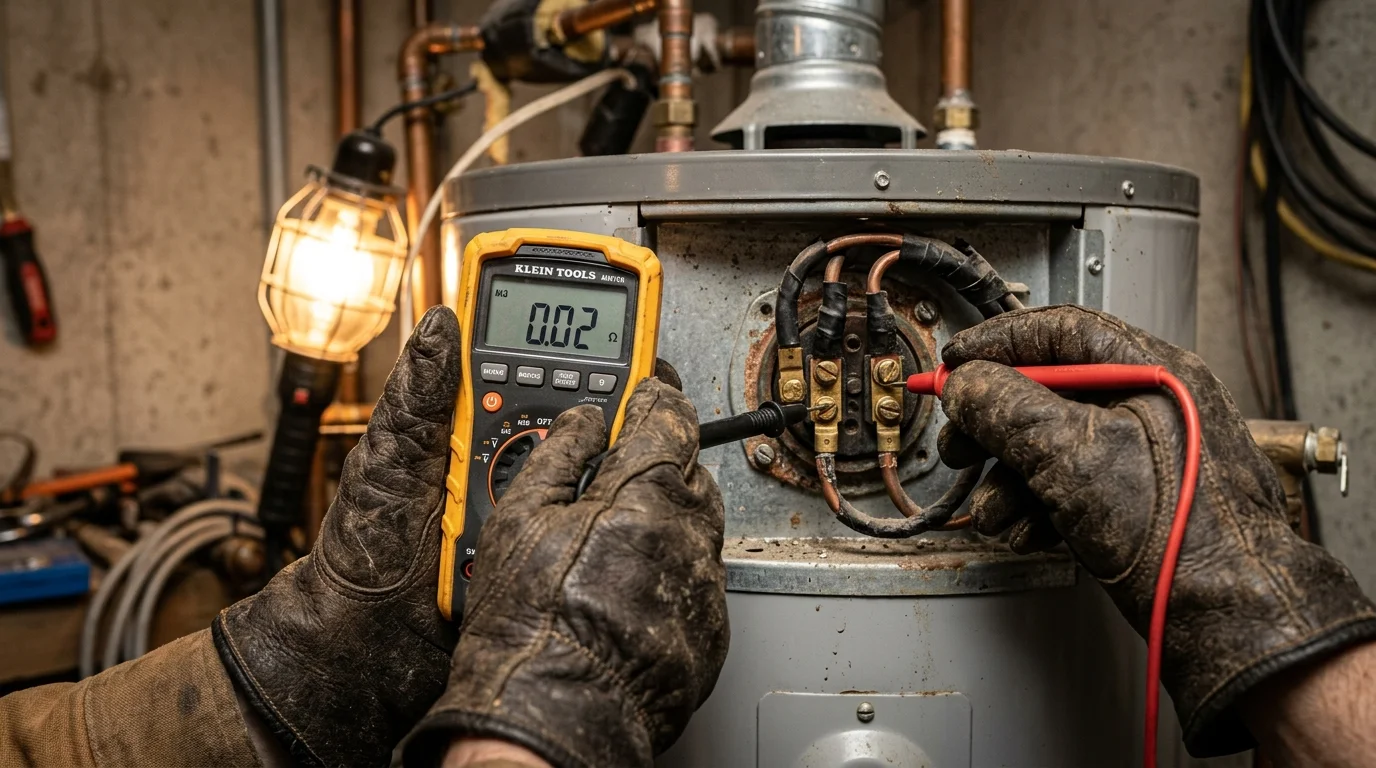 Close-up of gloved hands using a multimeter to test the electrical continuity of a water heater's heating element.