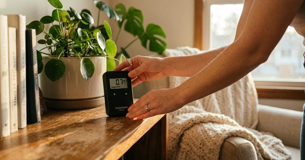 Close-up of hands placing a digital radon detector on a wooden shelf in a sun-drenched, cozy living room.