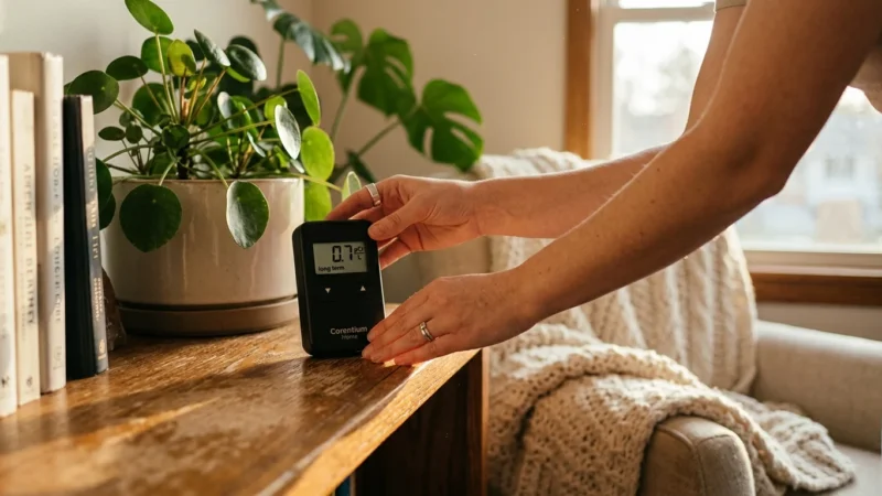 Close-up of hands placing a digital radon detector on a wooden shelf in a sun-drenched, cozy living room.