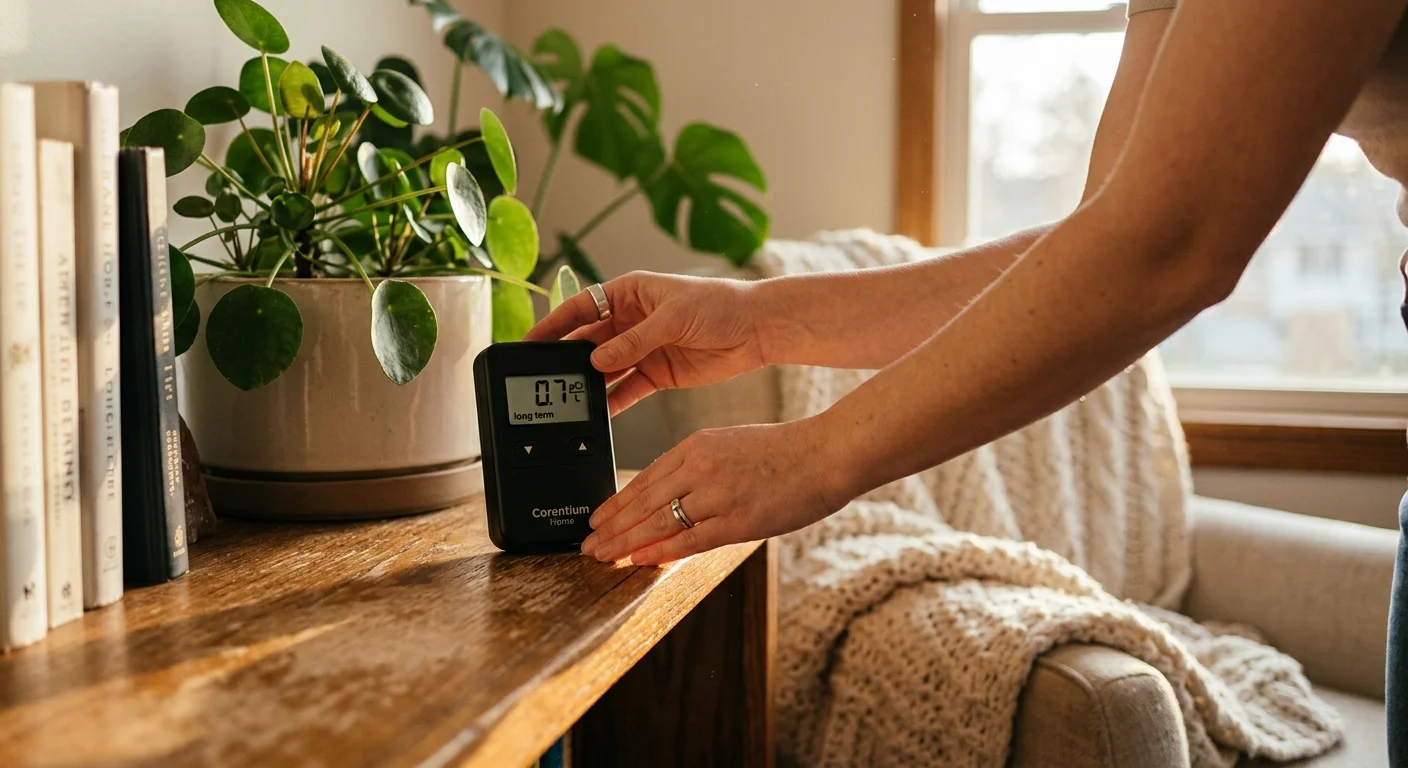 Close-up of hands placing a digital radon detector on a wooden shelf in a sun-drenched, cozy living room.