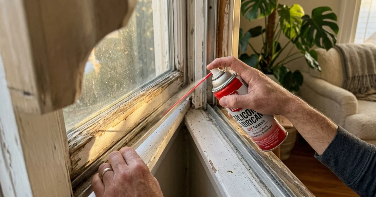 Close-up of hands spraying silicone lubricant onto a wooden window track, illuminated by warm afternoon sun.