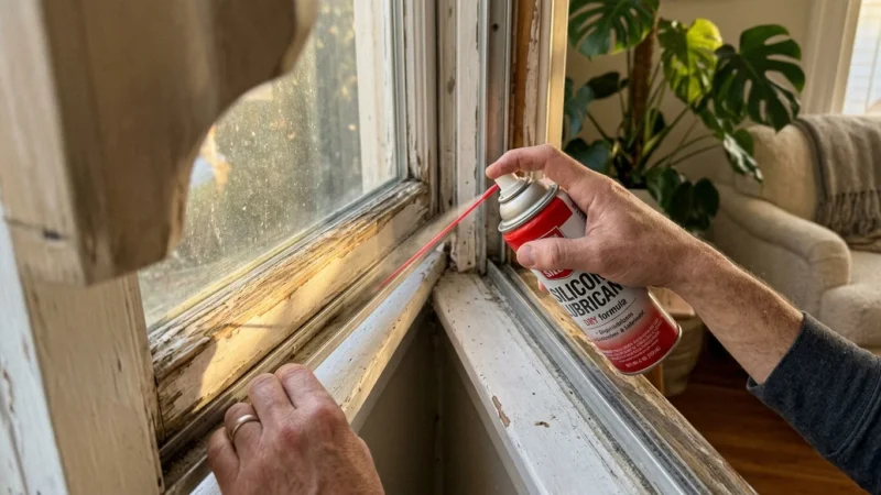 Close-up of hands spraying silicone lubricant onto a wooden window track, illuminated by warm afternoon sun.