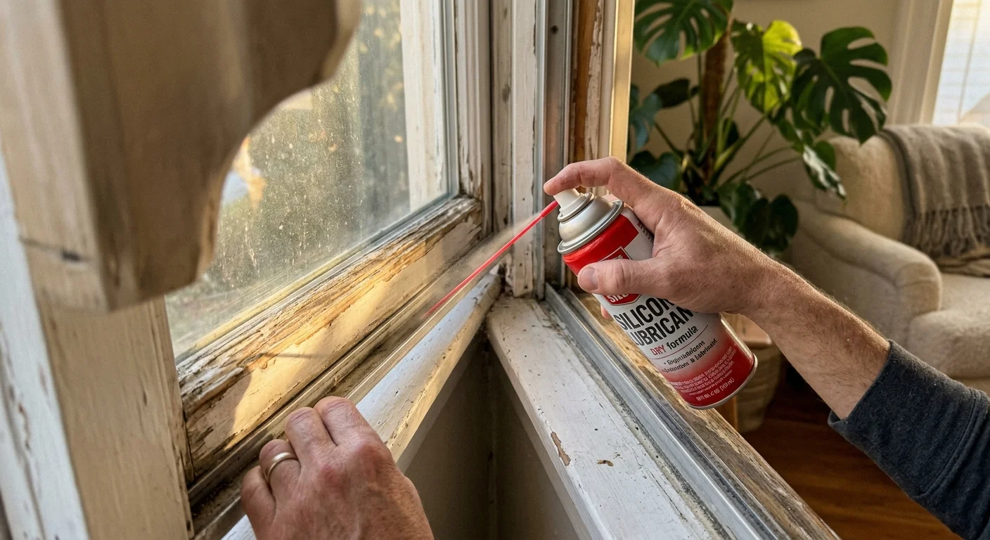 Close-up of hands spraying silicone lubricant onto a wooden window track, illuminated by warm afternoon sun.