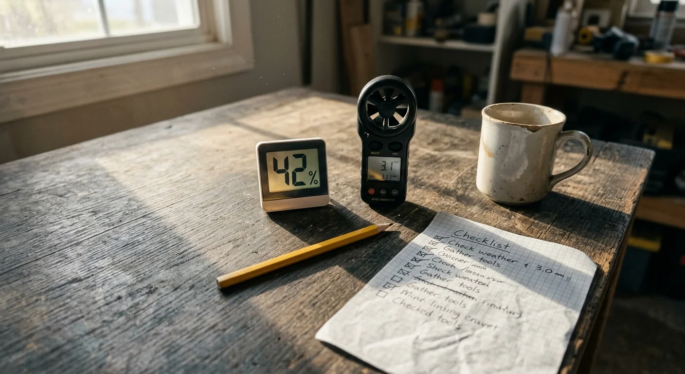 Close-up photo of a digital hygrometer and anemometer lying on a rustic wooden workbench in warm natural light.