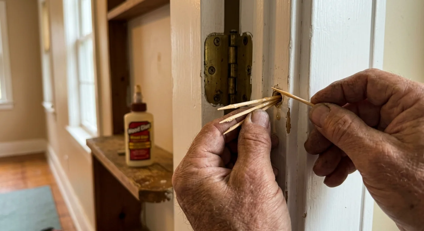 Close-up photo of hands inserting wooden toothpicks into a stripped screw hole in a white door frame.