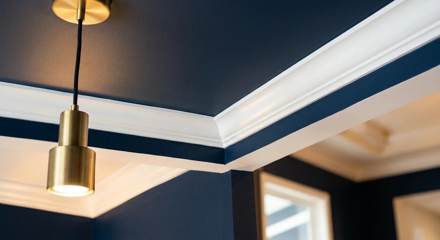 Close-up photograph of a matte navy blue tray ceiling meeting white crown molding trim next to a glowing brass light fixture.