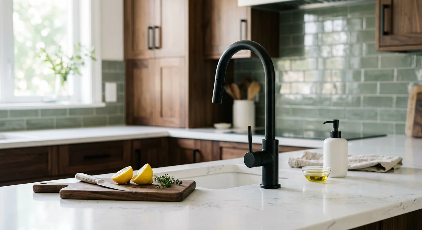 Close-up photograph of a modern renovated kitchen corner showing a quartz countertop, matte black faucet, and green tile backsplash.