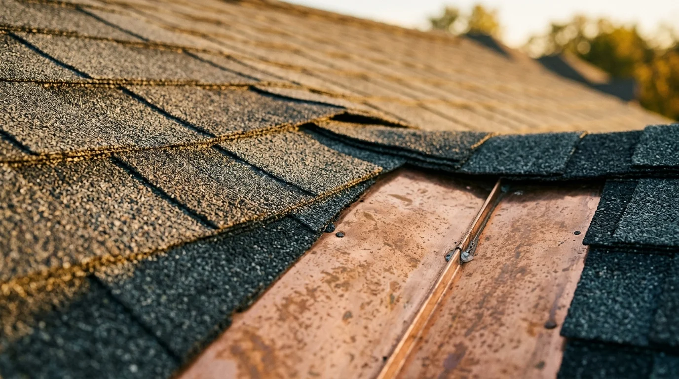Close-up photograph of architectural asphalt shingles and copper flashing along a roof valley in golden hour light.