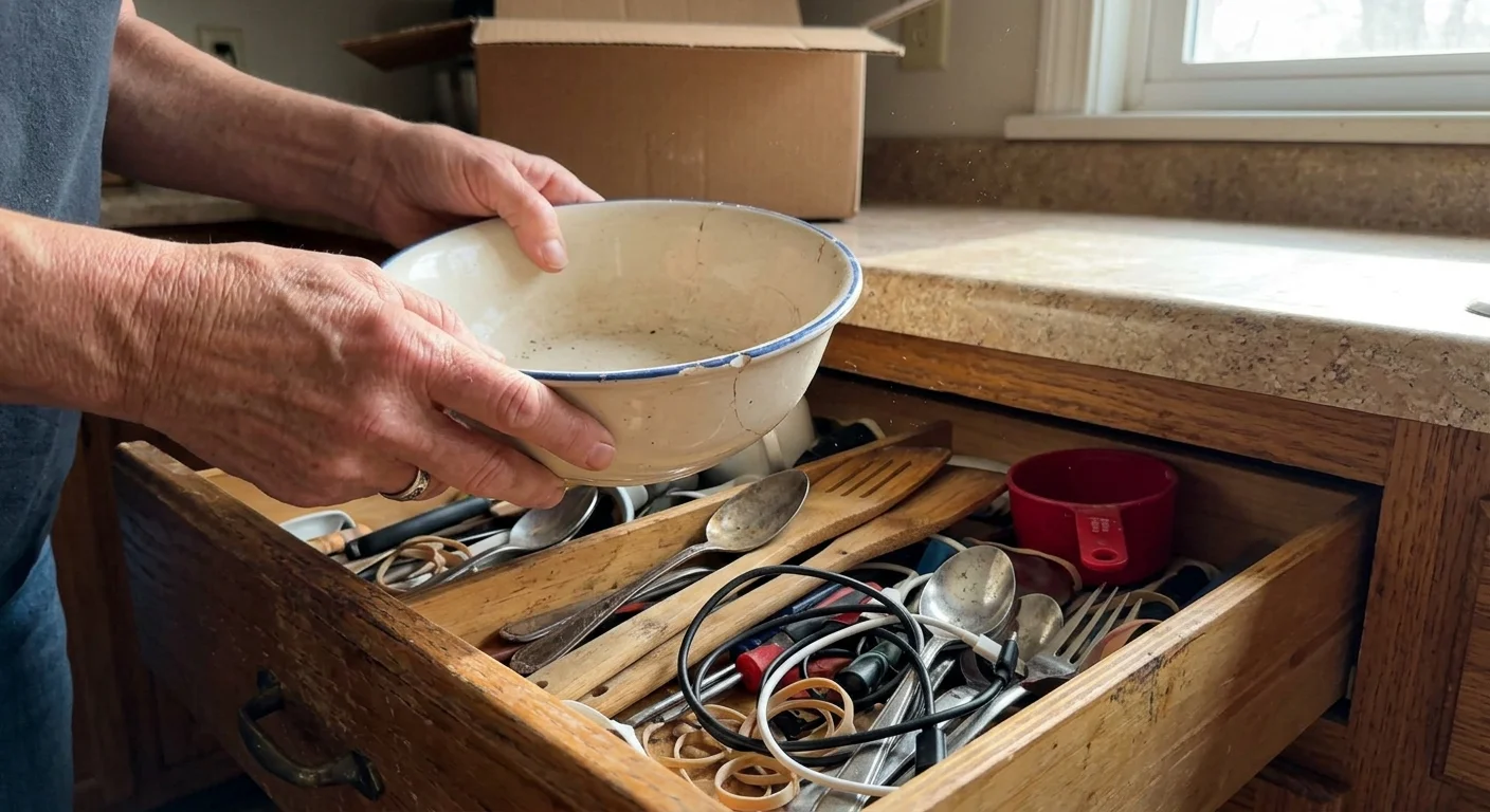 Close-up shot of hands lifting an old ceramic bowl out of an overstuffed drawer filled with kitchen utensils and cables.