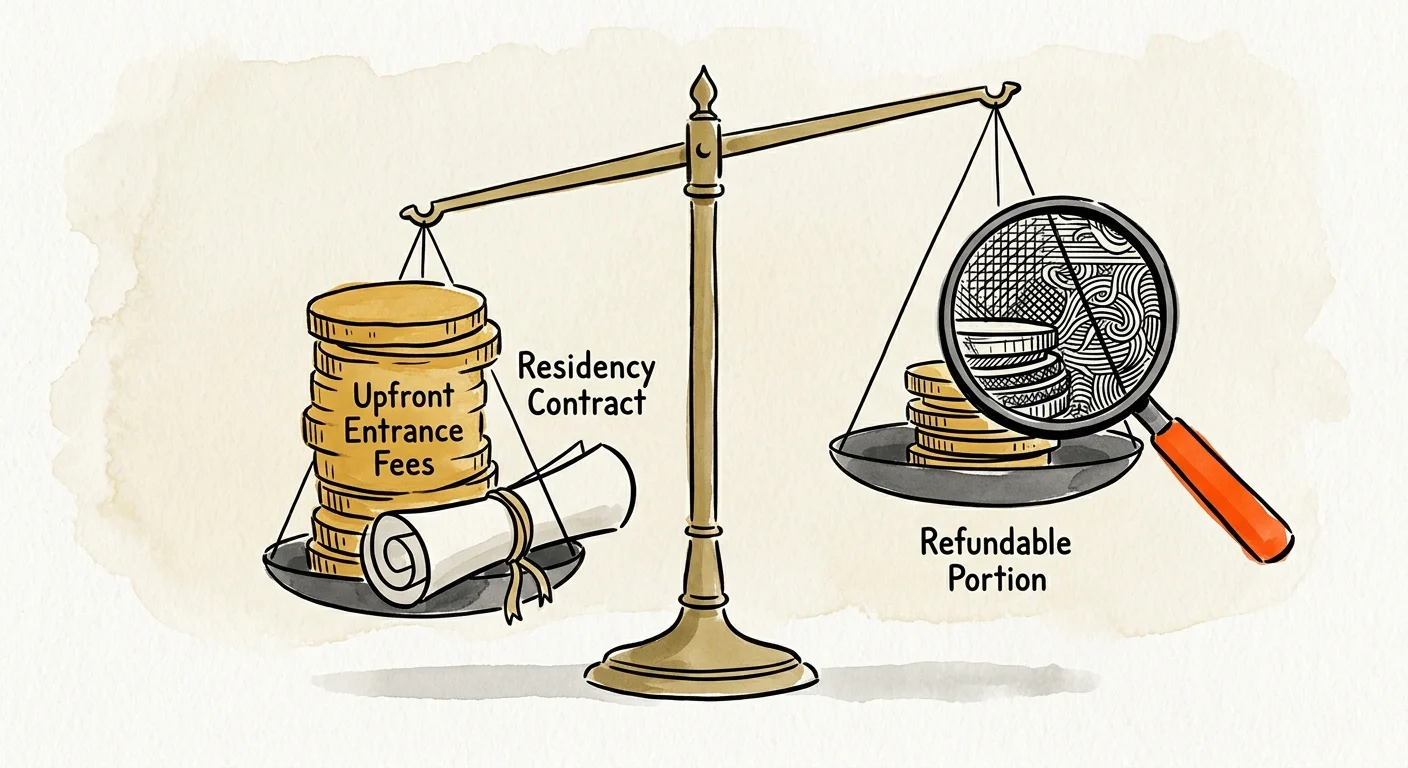 Conceptual watercolor illustration of a balance scale weighing a residency contract against upfront fees and refund penalties.